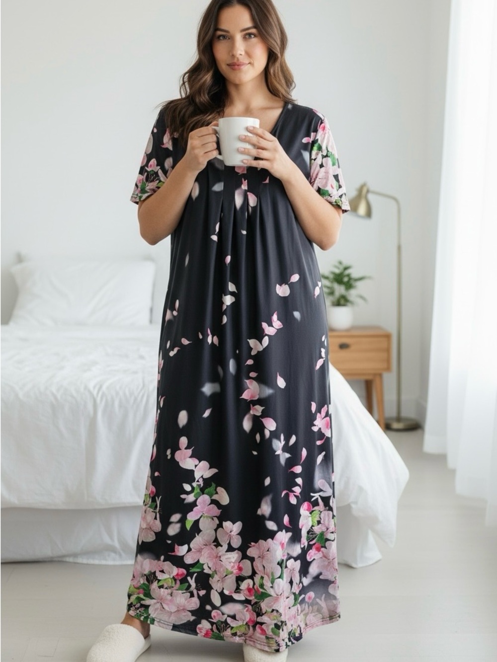 Floral Black & Pink Short-Sleeve Maxi Nightgown